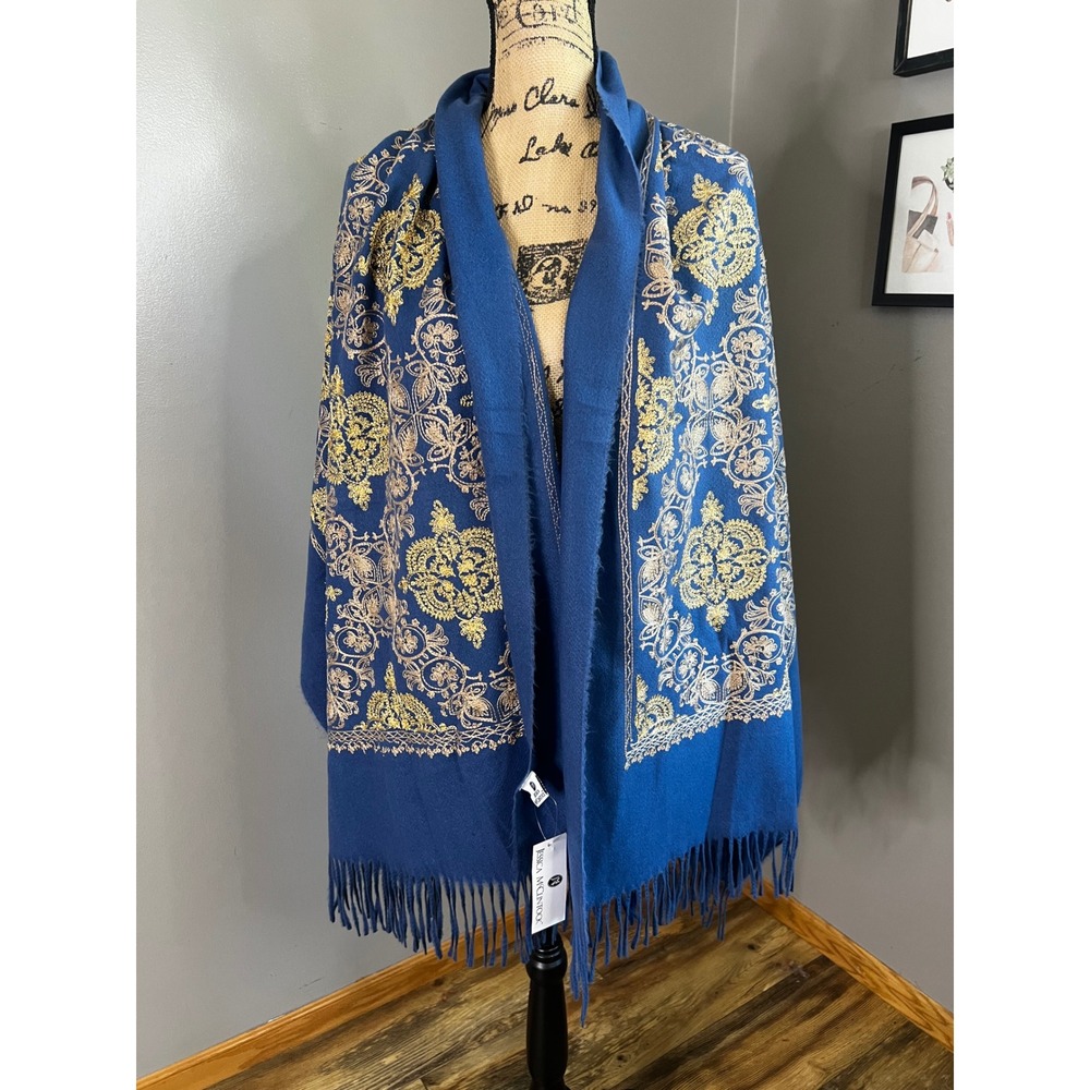 Jessica McClintock Blue Gold Metallic Embroidered Fringe Wrap Shawl Pashmina NEW